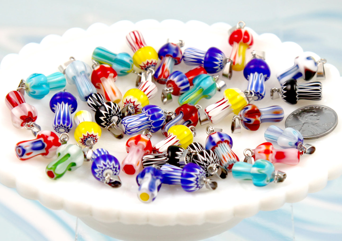 Millefiori Glass Mushroom Charms - 25mm High Quality Glass 3D Striped Floral Mushroom Charms - 6 pieces