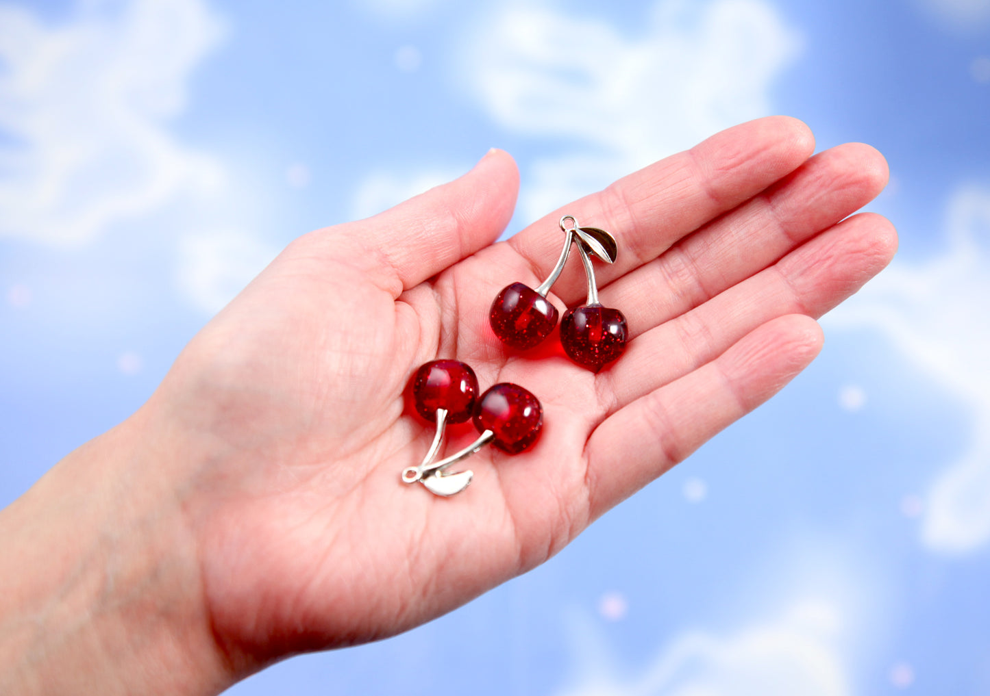 Cherry Charms - 31mm Dark Red Cherries with Glitter and Metal Stem - Fake Fruit Charm Cherry Pendants (5 pieces)