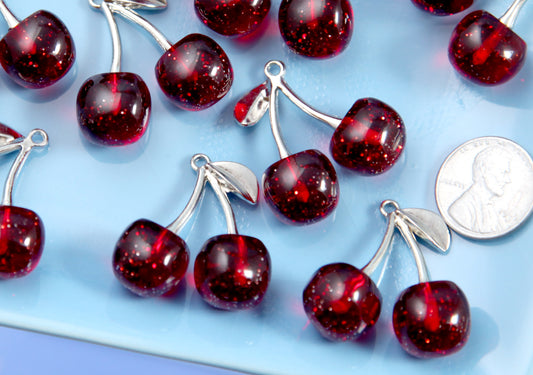 Cherry Charms - 31mm Dark Red Cherries with Glitter and Metal Stem - Fake Fruit Charm Cherry Pendants (5 pieces)