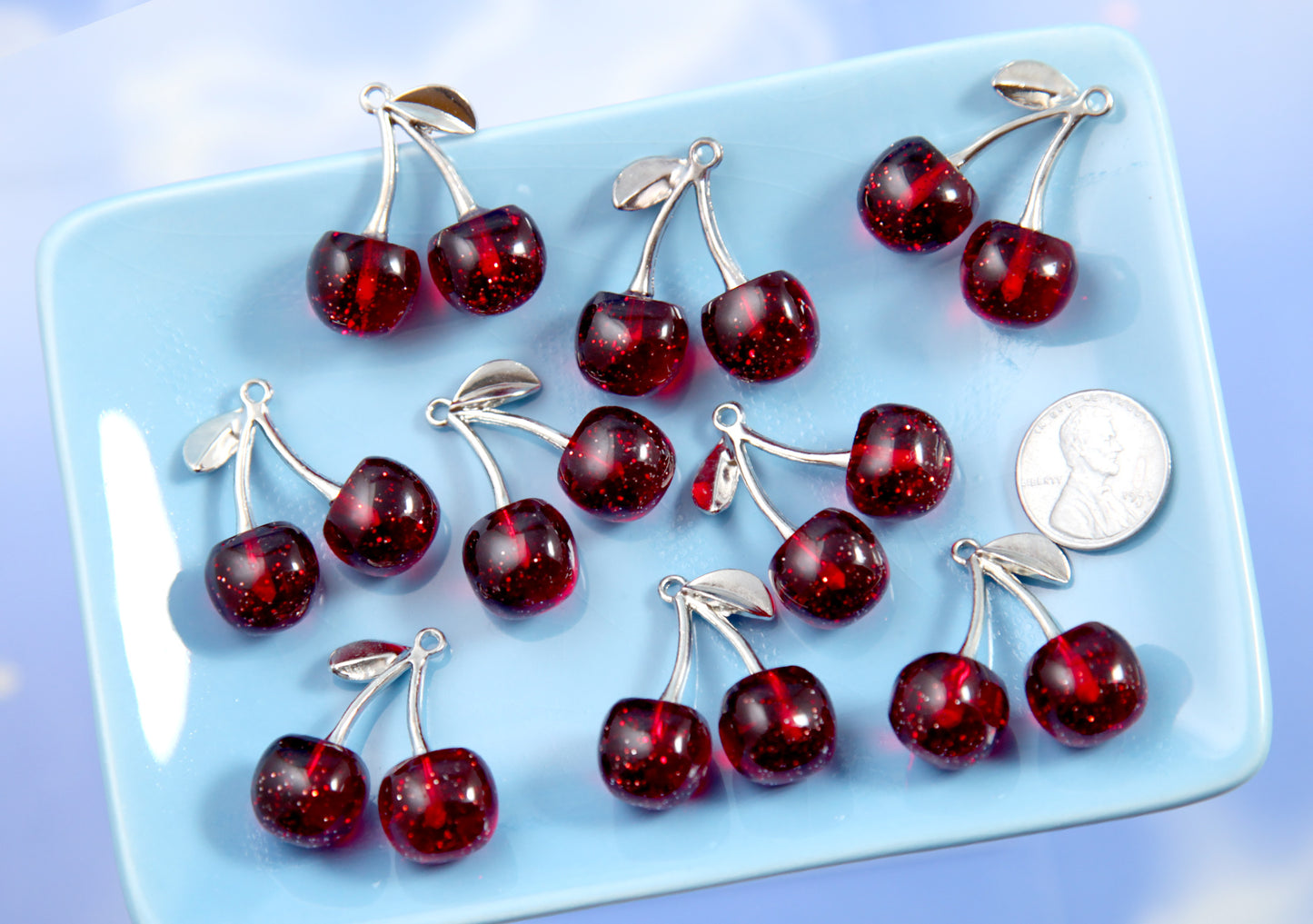 Cherry Charms - 31mm Dark Red Cherries with Glitter and Metal Stem - Fake Fruit Charm Cherry Pendants (5 pieces)
