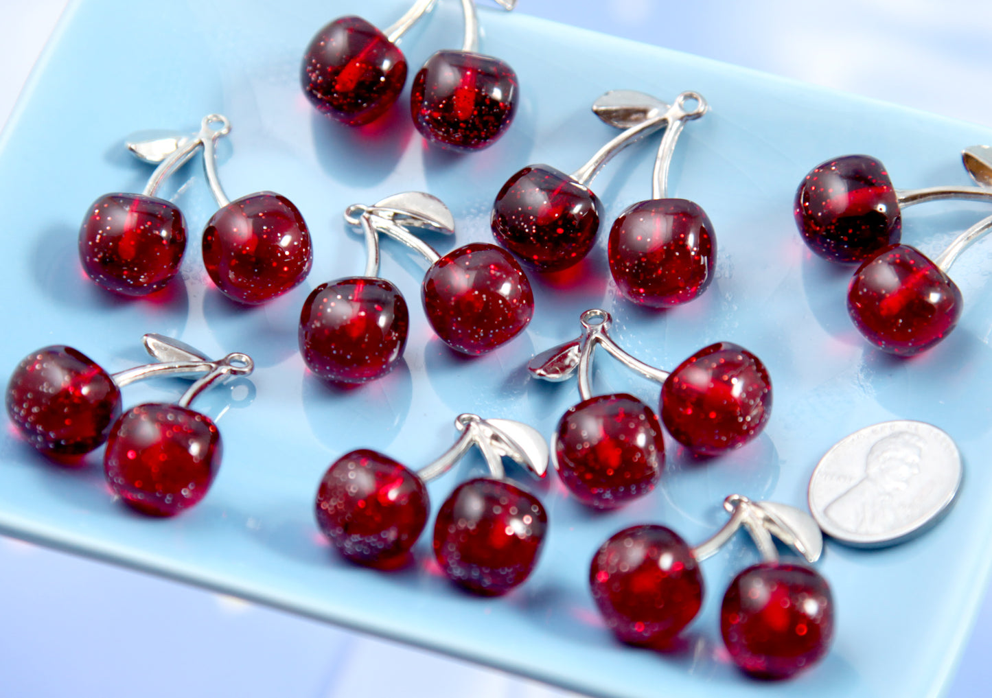 Cherry Charms - 31mm Dark Red Cherries with Glitter and Metal Stem - Fake Fruit Charm Cherry Pendants (5 pieces)