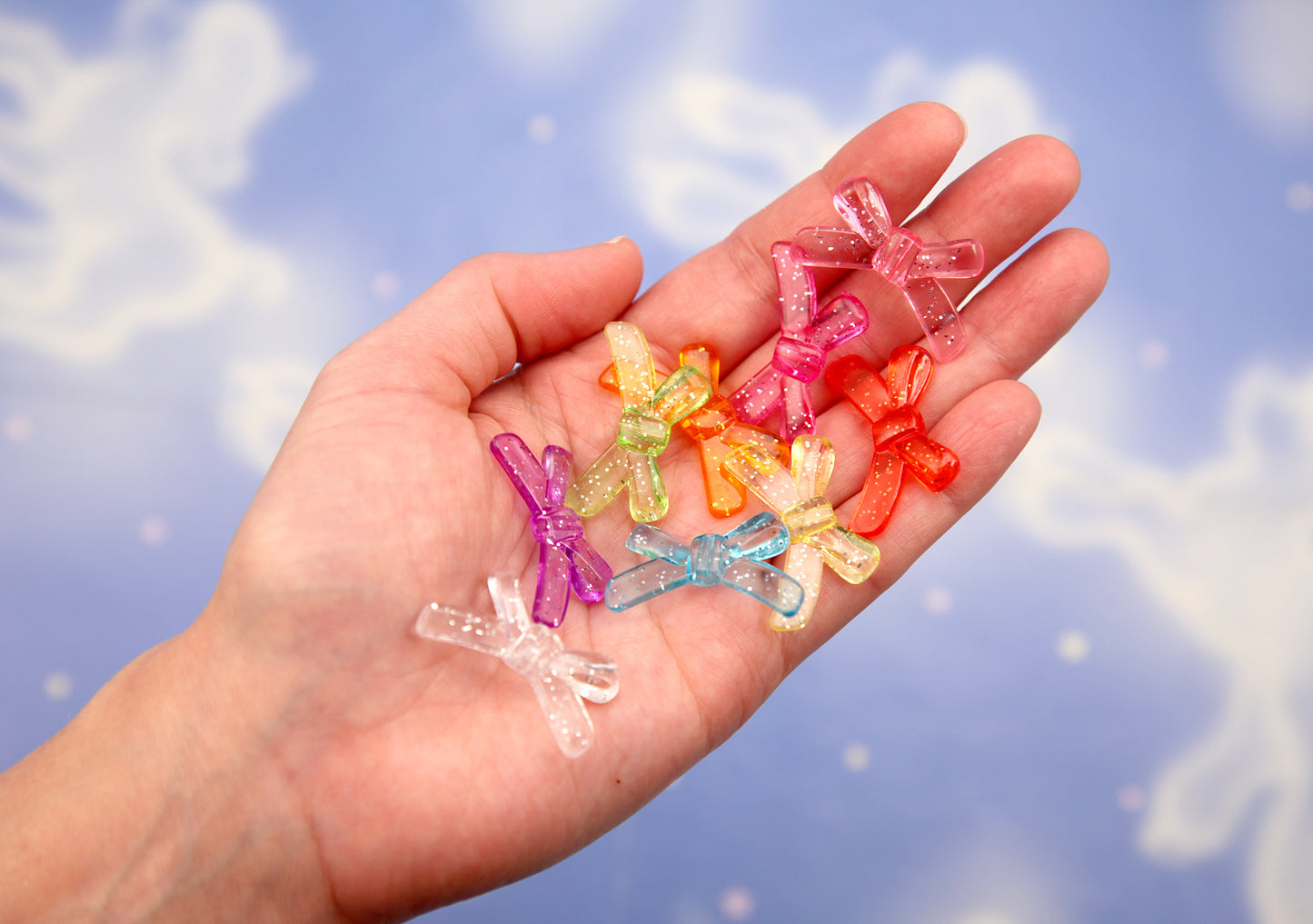 Colorful Acrylic Beads (20 pcs) 32mm Glitter Ribbon Bow Shape Transparent Acrylic or Resin Beads