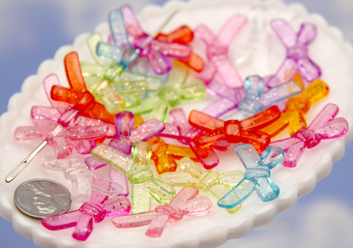 Colorful Acrylic Beads (20 pcs) 32mm Glitter Ribbon Bow Shape Transparent Acrylic or Resin Beads