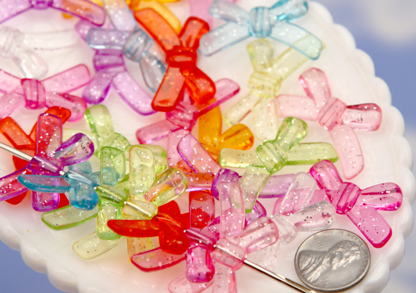 Colorful Acrylic Beads (20 pcs) 32mm Glitter Ribbon Bow Shape Transparent Acrylic or Resin Beads