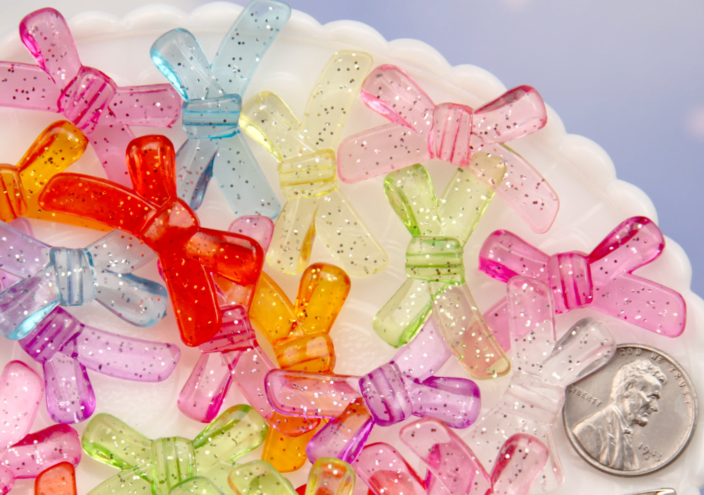 Colorful Acrylic Beads (20 pcs) 32mm Glitter Ribbon Bow Shape Transparent Acrylic or Resin Beads