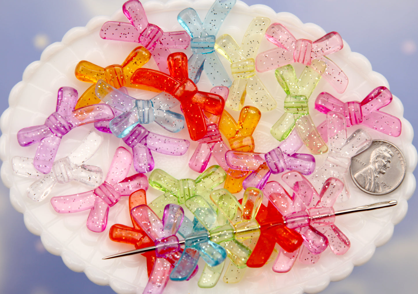 Colorful Acrylic Beads (20 pcs) 32mm Glitter Ribbon Bow Shape Transparent Acrylic or Resin Beads