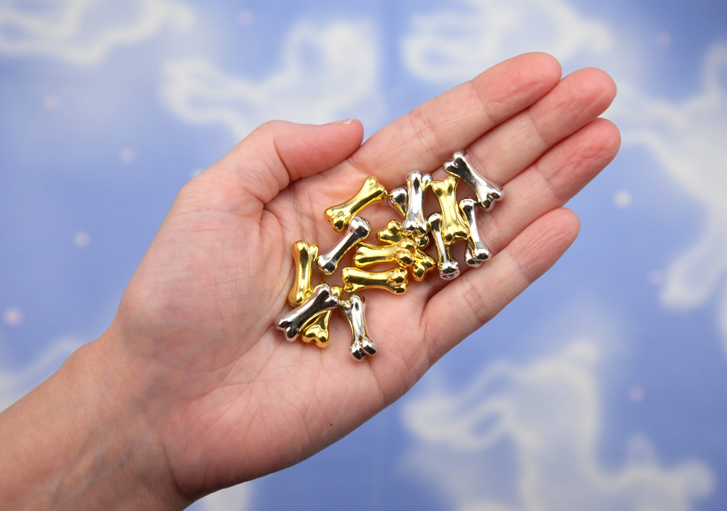 Bone Beads - Gold and Silver Electroplated Plastic - 45 pieces - 20mm Bone Shape Acrylic or Plastic Beads