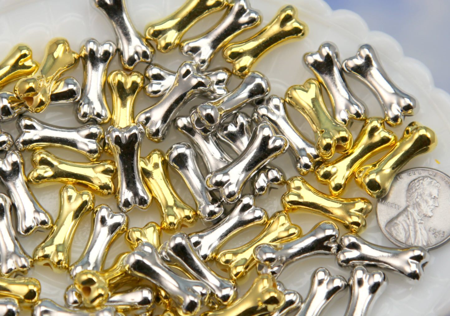 Bone Beads - Gold and Silver Electroplated Plastic - 45 pieces - 20mm Bone Shape Acrylic or Plastic Beads