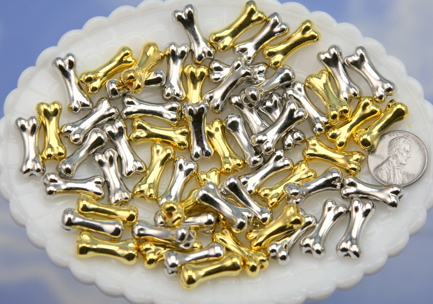 Bone Beads - Gold and Silver Electroplated Plastic - 45 pieces - 20mm Bone Shape Acrylic or Plastic Beads