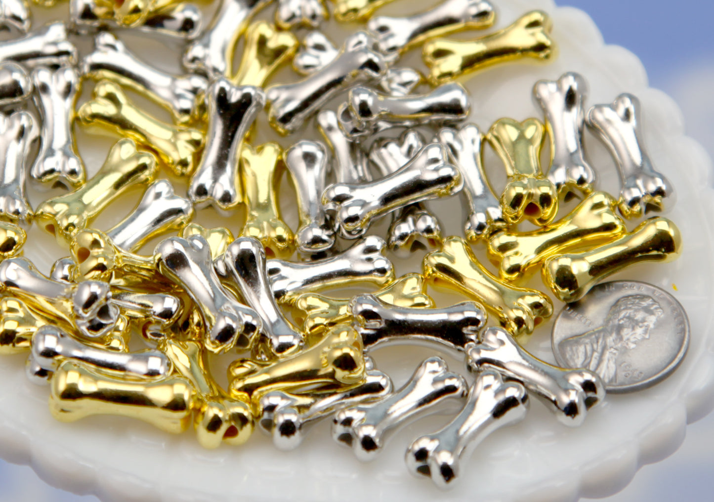 Bone Beads - Gold and Silver Electroplated Plastic - 45 pieces - 20mm Bone Shape Acrylic or Plastic Beads