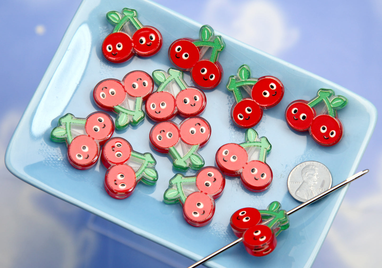 Cherry Beads - Adorable Smiling Cherries Acrylic Beads - 25mm Cute Red Happy Cherry Beads Acrylic or Resin Beads (8 pieces)