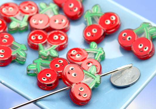 Cherry Beads - Adorable Smiling Cherries Acrylic Beads - 25mm Cute Red Happy Cherry Beads Acrylic or Resin Beads (8 pieces)