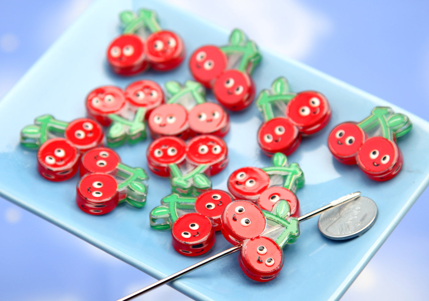 Cherry Beads - Adorable Smiling Cherries Acrylic Beads - 25mm Cute Red Happy Cherry Beads Acrylic or Resin Beads (8 pieces)