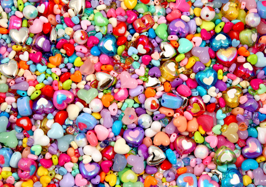 Acrylic Bead Grab Bag - HEARTS - Mixed Lot of Heart Shape Plastic Beads - great for kandi, ispy, sensory crafts, jewelry making - 150+ pcs