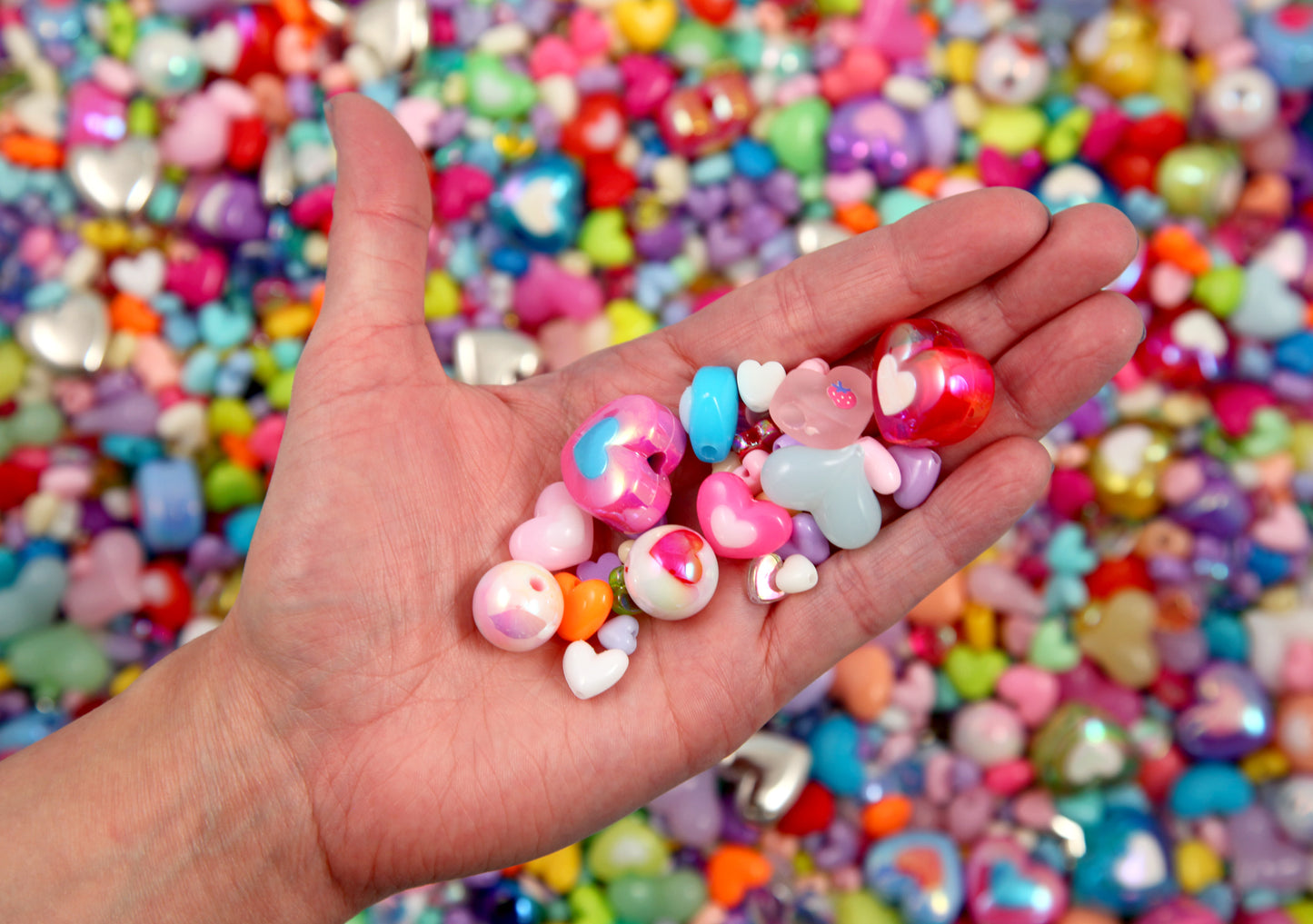 Acrylic Bead Grab Bag - HEARTS - Mixed Lot of Heart Shape Plastic Beads - great for kandi, ispy, sensory crafts, jewelry making - 150+ pcs