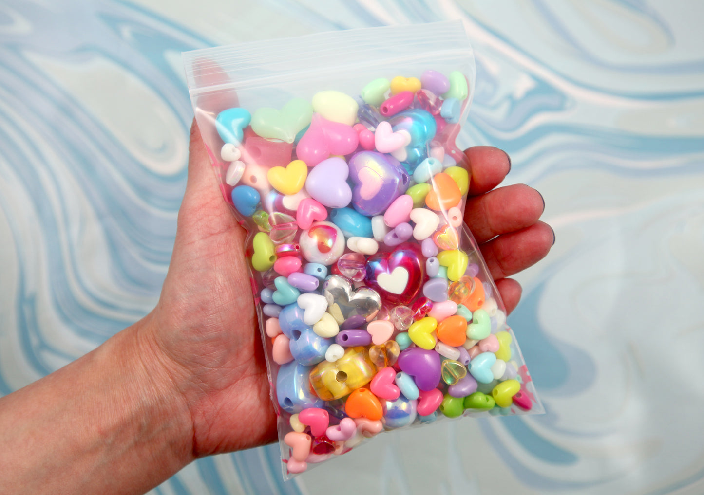 Acrylic Bead Grab Bag - HEARTS - Mixed Lot of Heart Shape Plastic Beads - great for kandi, ispy, sensory crafts, jewelry making - 150+ pcs