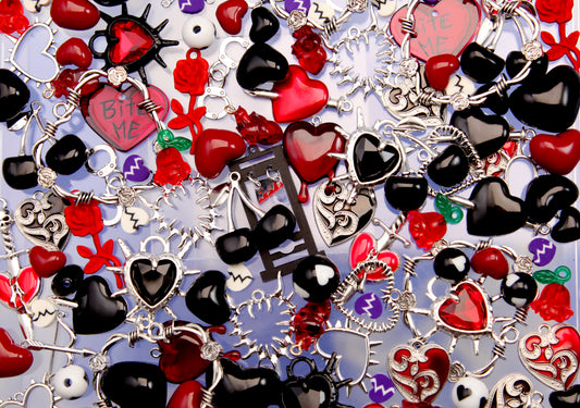 HEARTBREAK Dark Valentine's Day Charms and Beads Grab Bag - 25 to 100 pcs - Bead Soup - Mixed Lot Charms - for kandi, ispy, sensory, jewelry