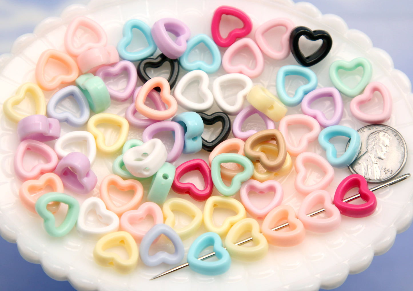 Small Hollow Outline Heart Beads - 80 pieces - 13mm Little Pastel Outline Hearts Acrylic or Resin Beads