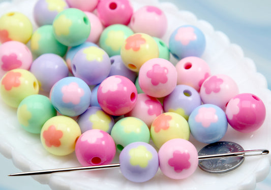 Flower Beads - 35 pieces - 15mm Cute Inlaid Flower Round Acrylic or Plastic Beads