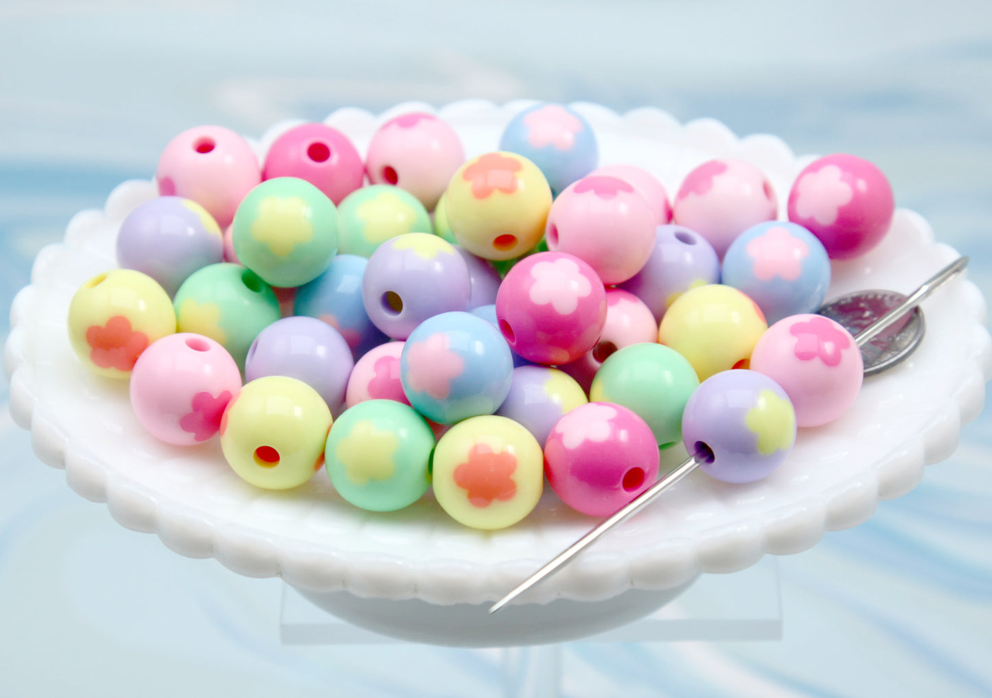 Flower Beads - 35 pieces - 15mm Cute Inlaid Flower Round Acrylic or Plastic Beads