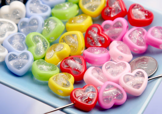 Heart Beads - 17mm Glitter Heart Bead Two Tone Clear Center Acrylic Double Heart Beads (27 pieces)