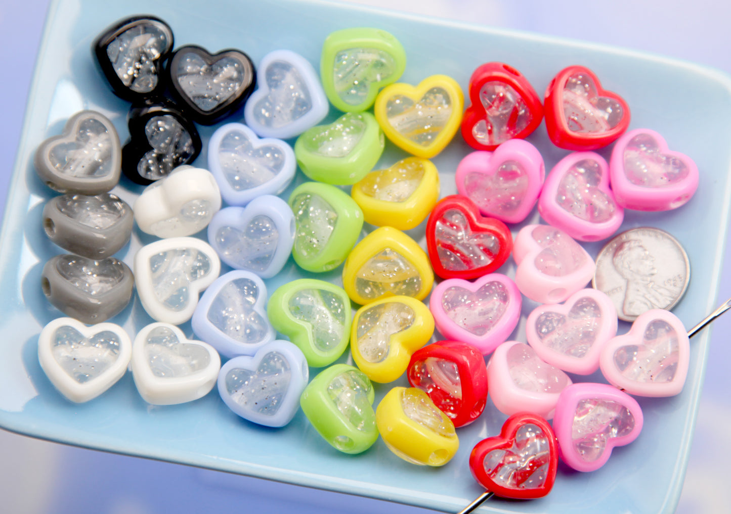 Heart Beads - 17mm Glitter Heart Bead Two Tone Clear Center Acrylic Double Heart Beads (27 pieces)