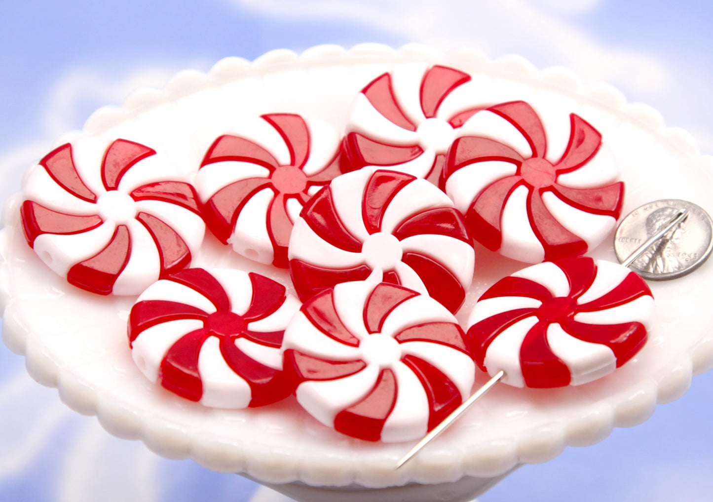 BIG Christmas Candy Beads - 35mm Large Peppermint Swirl Beads Holiday Candy Shape Chunky Acrylic or Resin Beads (8 pieces)