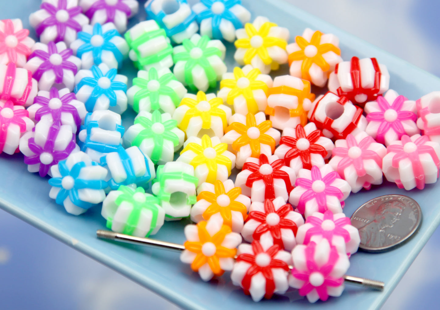 Large Hole Flower Beads (50 pcs) 17mm Super Bright Double Layer Flowers - Colorful Resin Flower Acrylic Beads