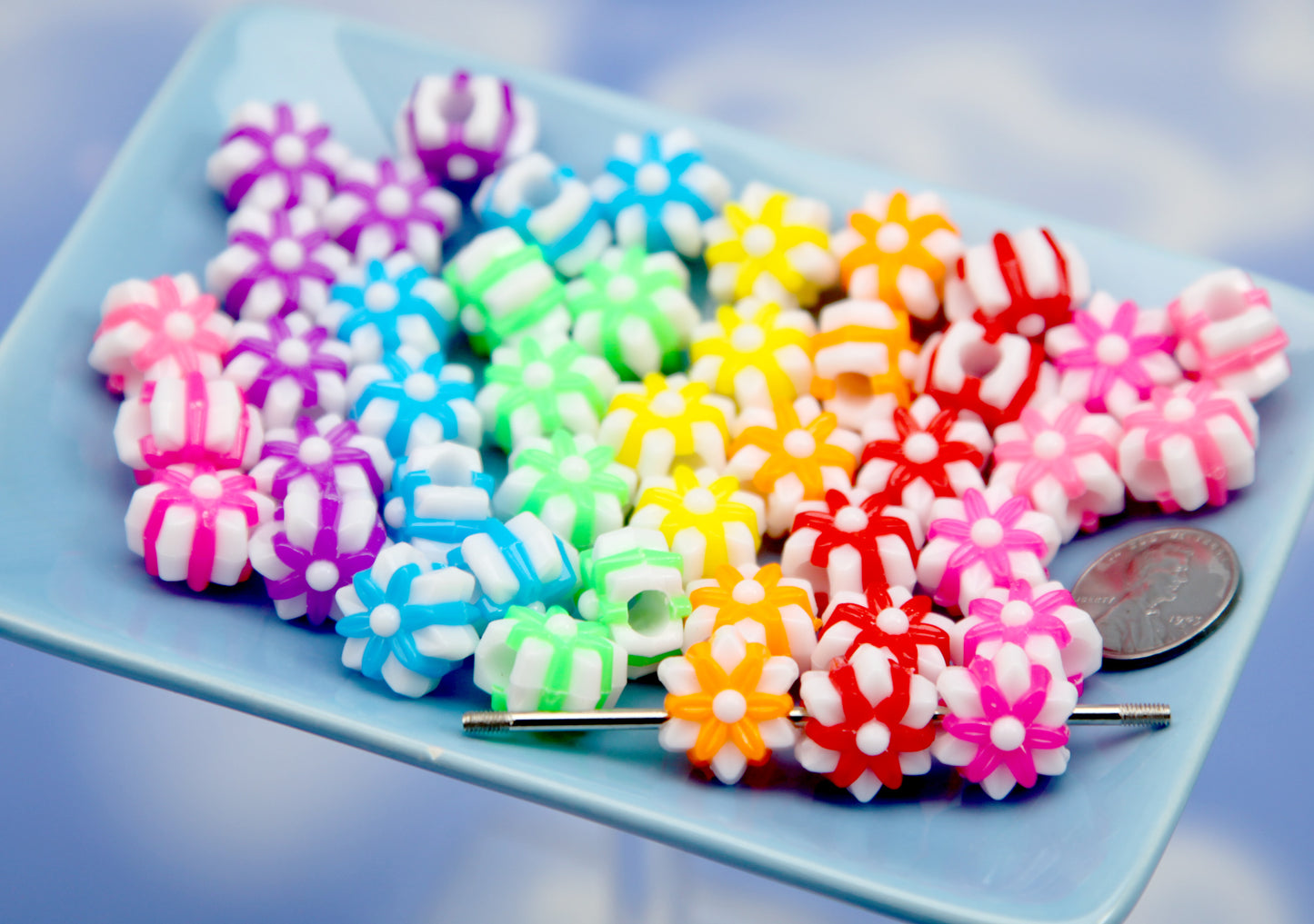 Large Hole Flower Beads (50 pcs) 17mm Super Bright Double Layer Flowers - Colorful Resin Flower Acrylic Beads