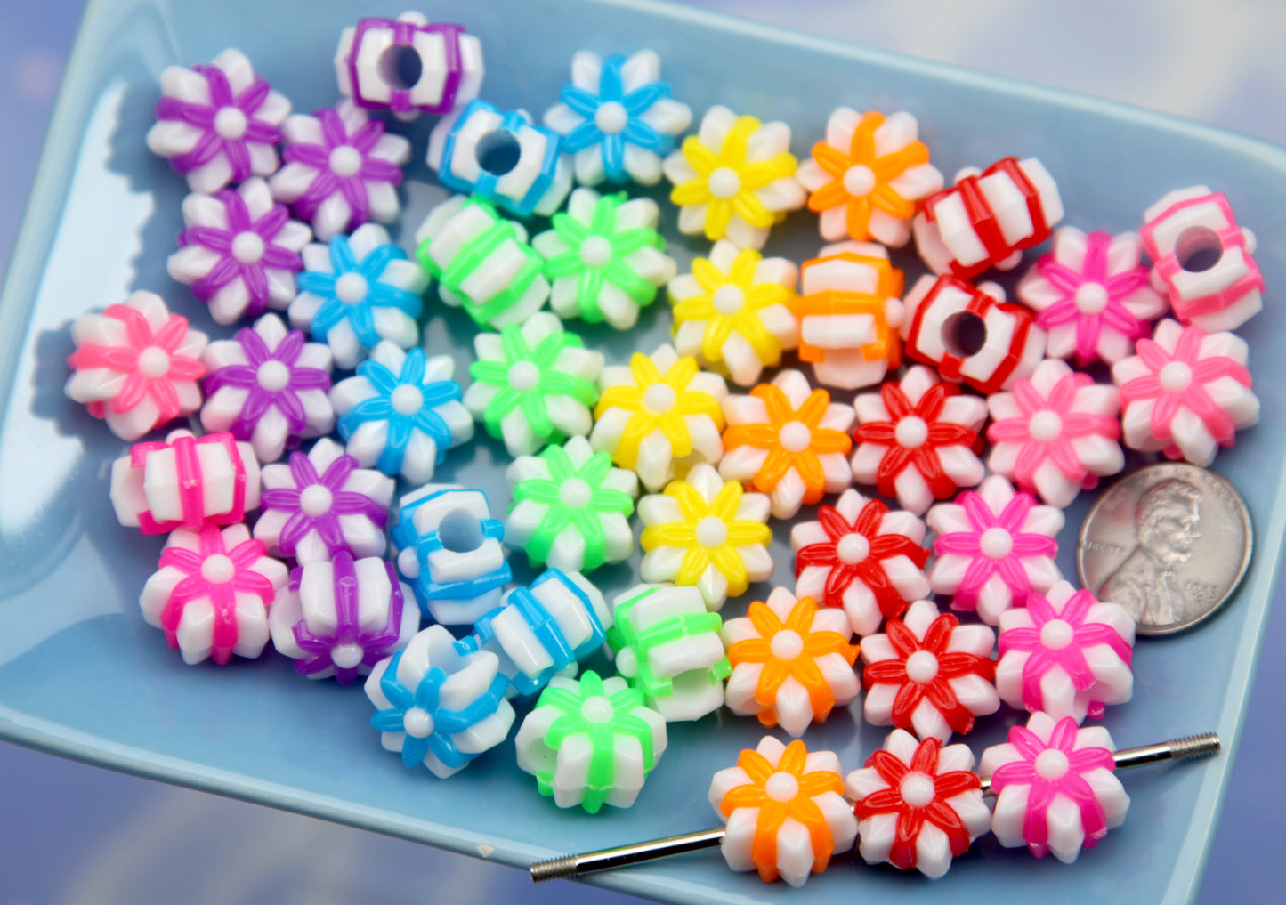Large Hole Flower Beads (50 pcs) 17mm Super Bright Double Layer Flowers - Colorful Resin Flower Acrylic Beads