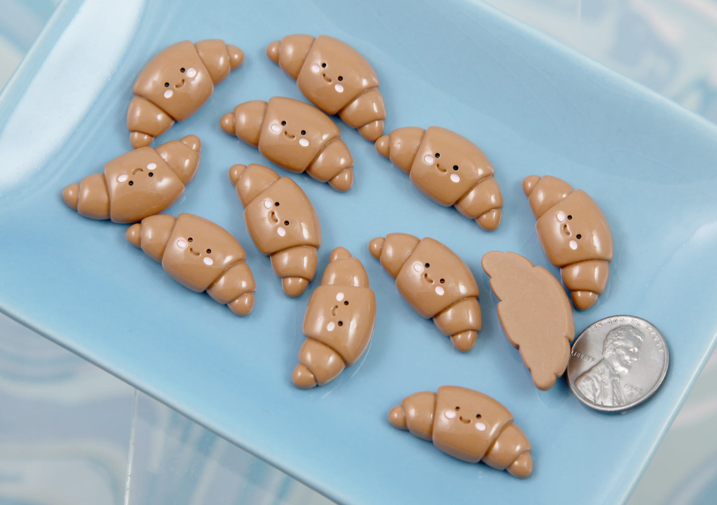 Cute Croissant Flat Backs - 12 pieces - 27mm Adorable Little Happy Bread Pastry with Face Resin Flatback Cabochons