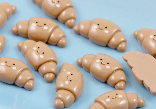 Cute Croissant Flat Backs - 12 pieces - 27mm Adorable Little Happy Bread Pastry with Face Resin Flatback Cabochons