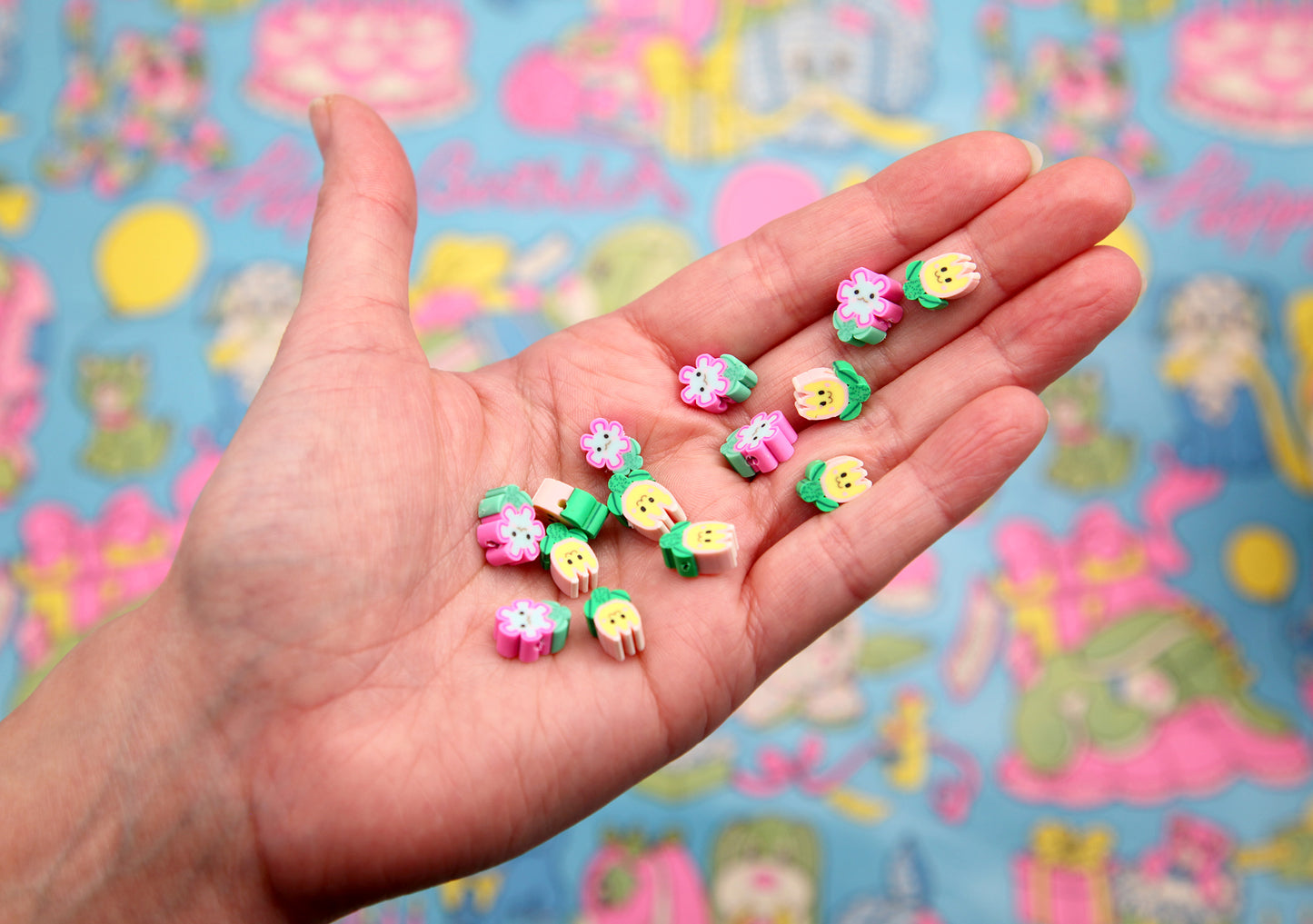 Cute Flower Beads - 8mm Tiny Fimo Flower Bead with Adorable Face - Little Smiling Polymer Clay Flower Beads (100 pieces)