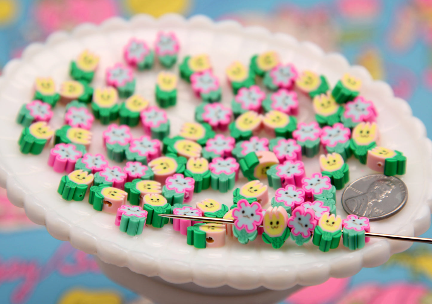 Cute Flower Beads - 8mm Tiny Fimo Flower Bead with Adorable Face - Little Smiling Polymer Clay Flower Beads (100 pieces)