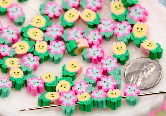 Cute Flower Beads - 8mm Tiny Fimo Flower Bead with Adorable Face - Little Smiling Polymer Clay Flower Beads (100 pieces)