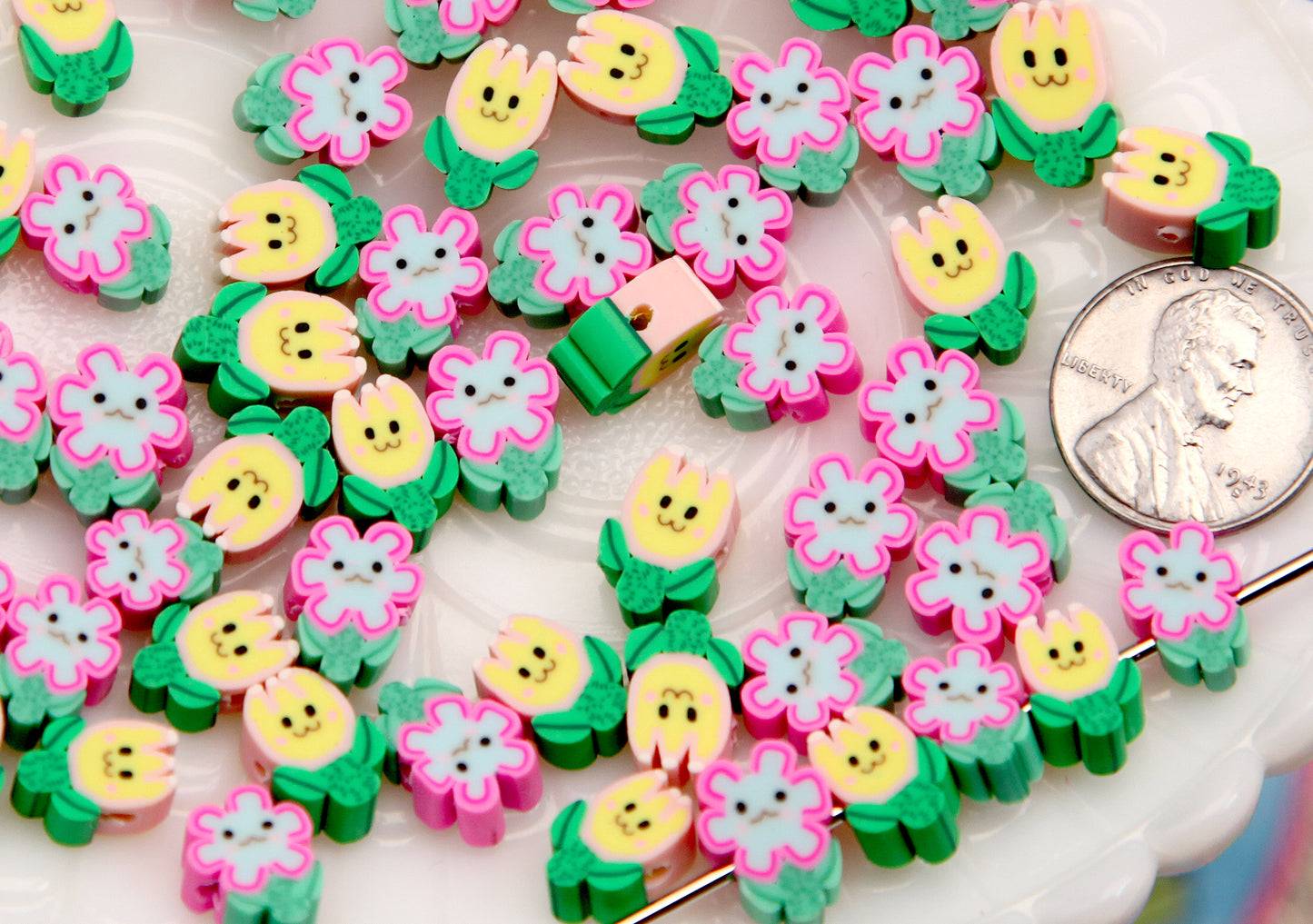 Cute Flower Beads - 8mm Tiny Fimo Flower Bead with Adorable Face - Little Smiling Polymer Clay Flower Beads (100 pieces)