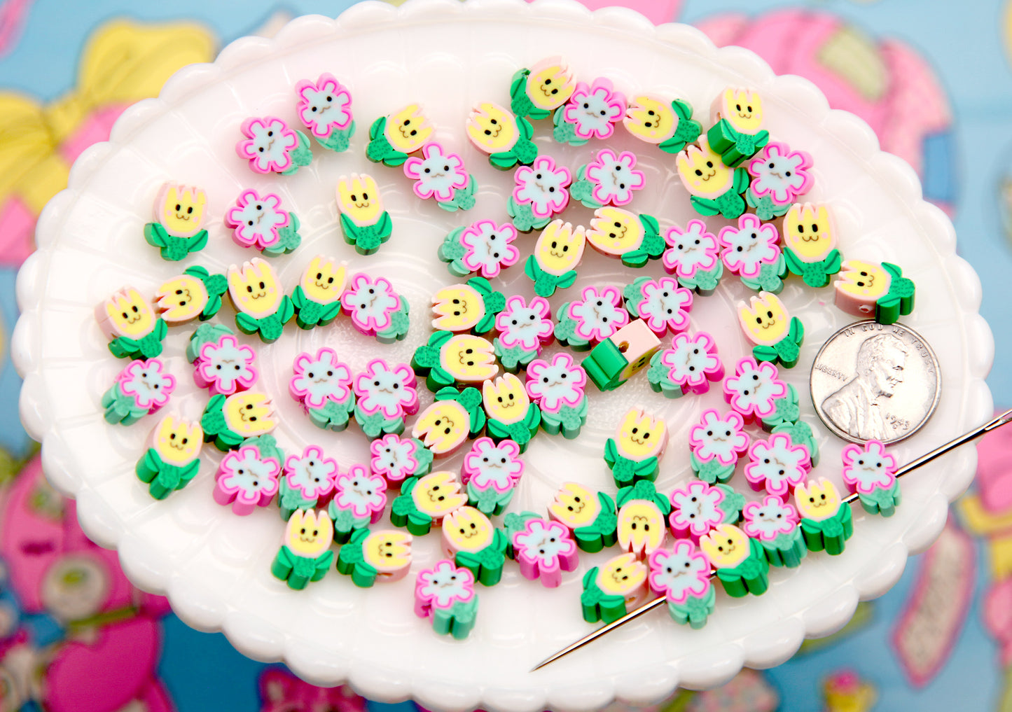 Cute Flower Beads - 8mm Tiny Fimo Flower Bead with Adorable Face - Little Smiling Polymer Clay Flower Beads (100 pieces)