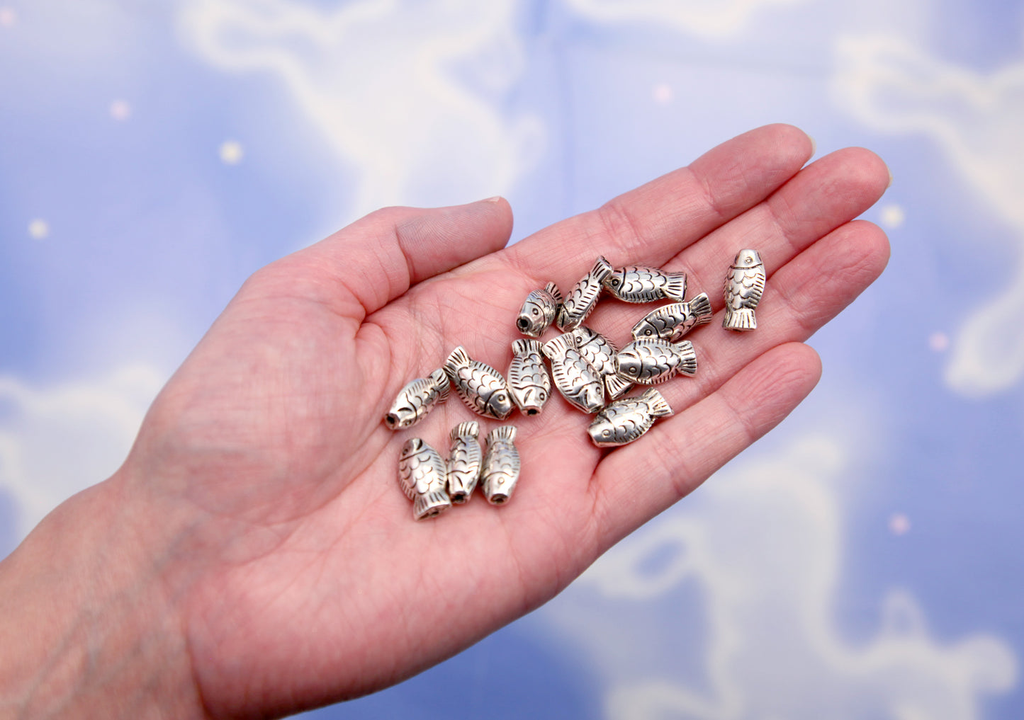 Little Fish Beads - 10mm Silver Fishes Bead - Lightweight Electroplated Plastic - Sardine Beads, Small Fish Beads (50 pieces)