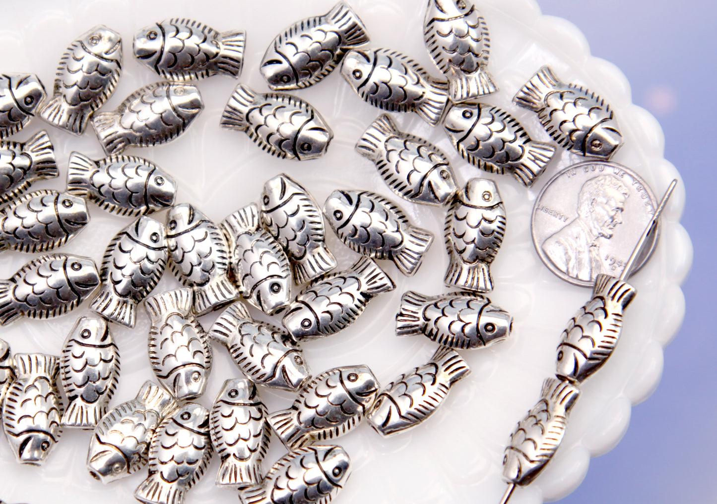 Little Fish Beads - 10mm Silver Fishes Bead - Lightweight Electroplated Plastic - Sardine Beads, Small Fish Beads (50 pieces)