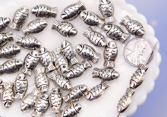 Little Fish Beads - 10mm Silver Fishes Bead - Lightweight Electroplated Plastic - Sardine Beads, Small Fish Beads (50 pieces)