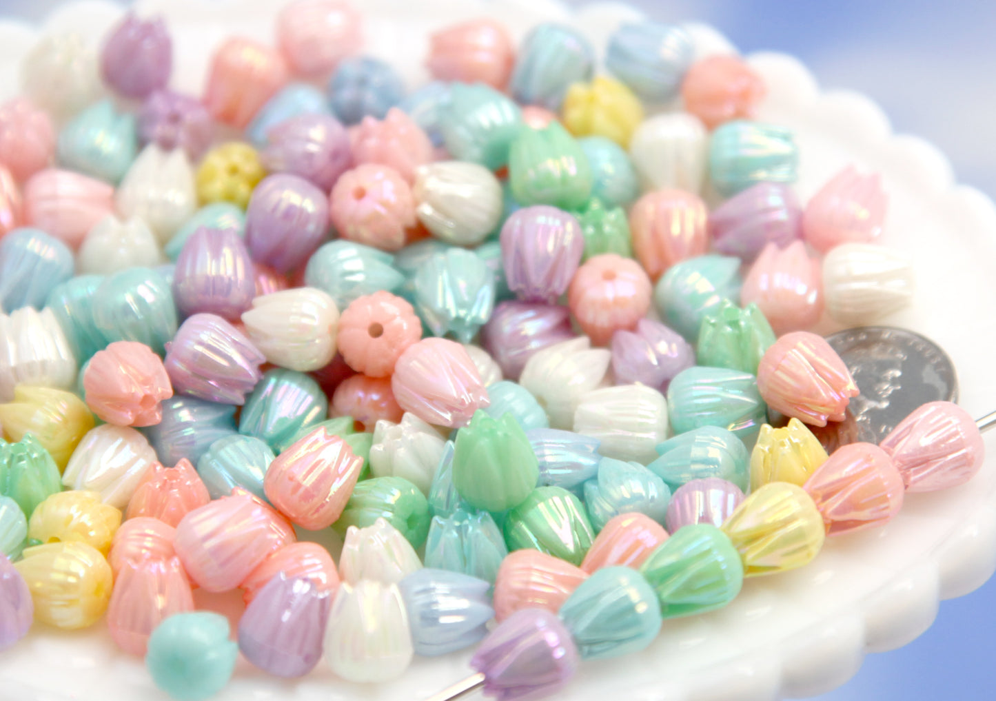 Tiny Tulip Beads - 100 pieces - 9mm Little AB Pastel Flower Shaped Beads - Cute Beads for Spring