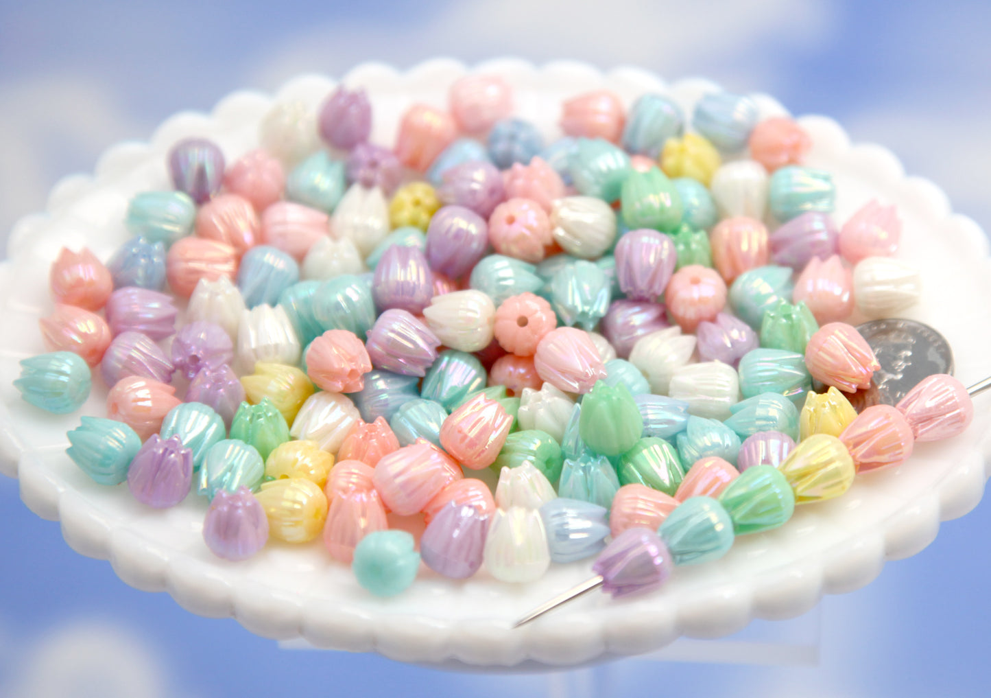 Tiny Tulip Beads - 100 pieces - 9mm Little AB Pastel Flower Shaped Beads - Cute Beads for Spring