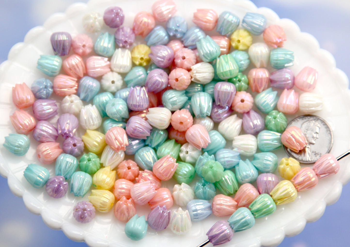 Tiny Tulip Beads - 100 pieces - 9mm Little AB Pastel Flower Shaped Beads - Cute Beads for Spring