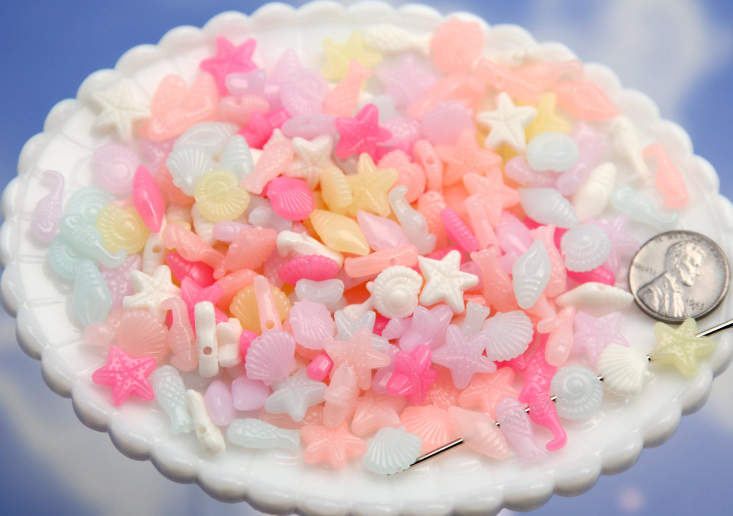 Milky Color Sea Life Beads (150 pcs) Seashore Mix Small Pastel Mermaid Acrylic or Resin Beads - Shells, Seahorse and Starfish