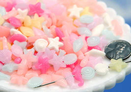 Milky Color Sea Life Beads (150 pcs) Seashore Mix Small Pastel Mermaid Acrylic or Resin Beads - Shells, Seahorse and Starfish
