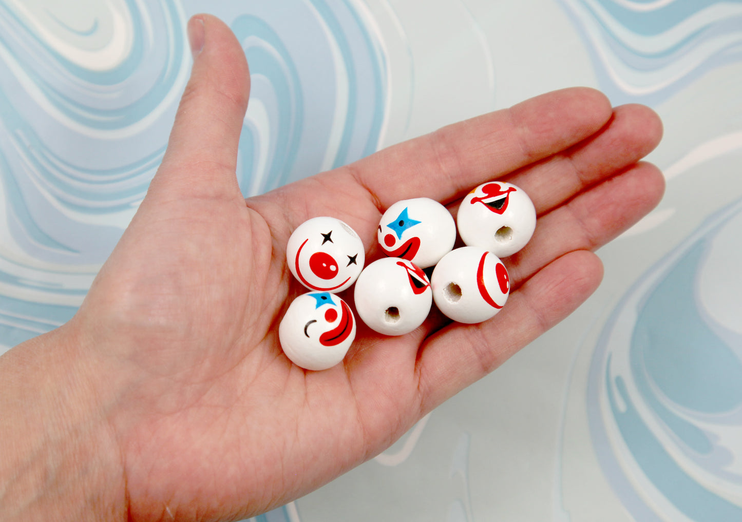Clown Beads - 12 pieces - 20mm Mixed Expressions Clowns Painted Wooden Bead