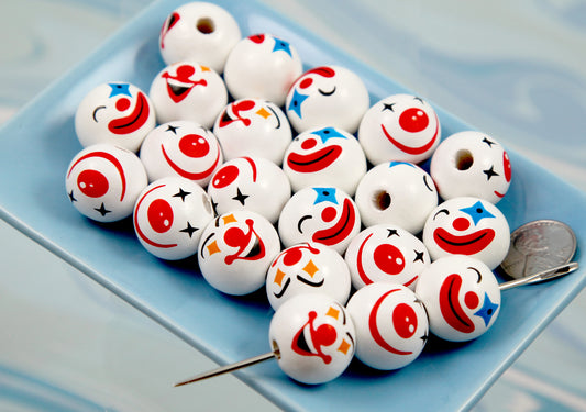 Clown Beads - 12 pieces - 20mm Mixed Expressions Clowns Painted Wooden Bead