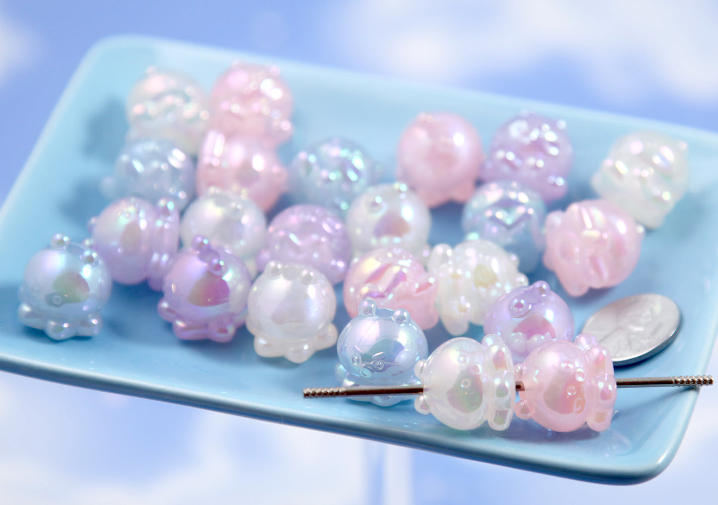 Cute Pastel Beads - 17mm Blue Purple Pink and White Shimmer Octopus Beads - Ocean Life or Jellyfish Acrylic or Plastic Beads (8 pieces)