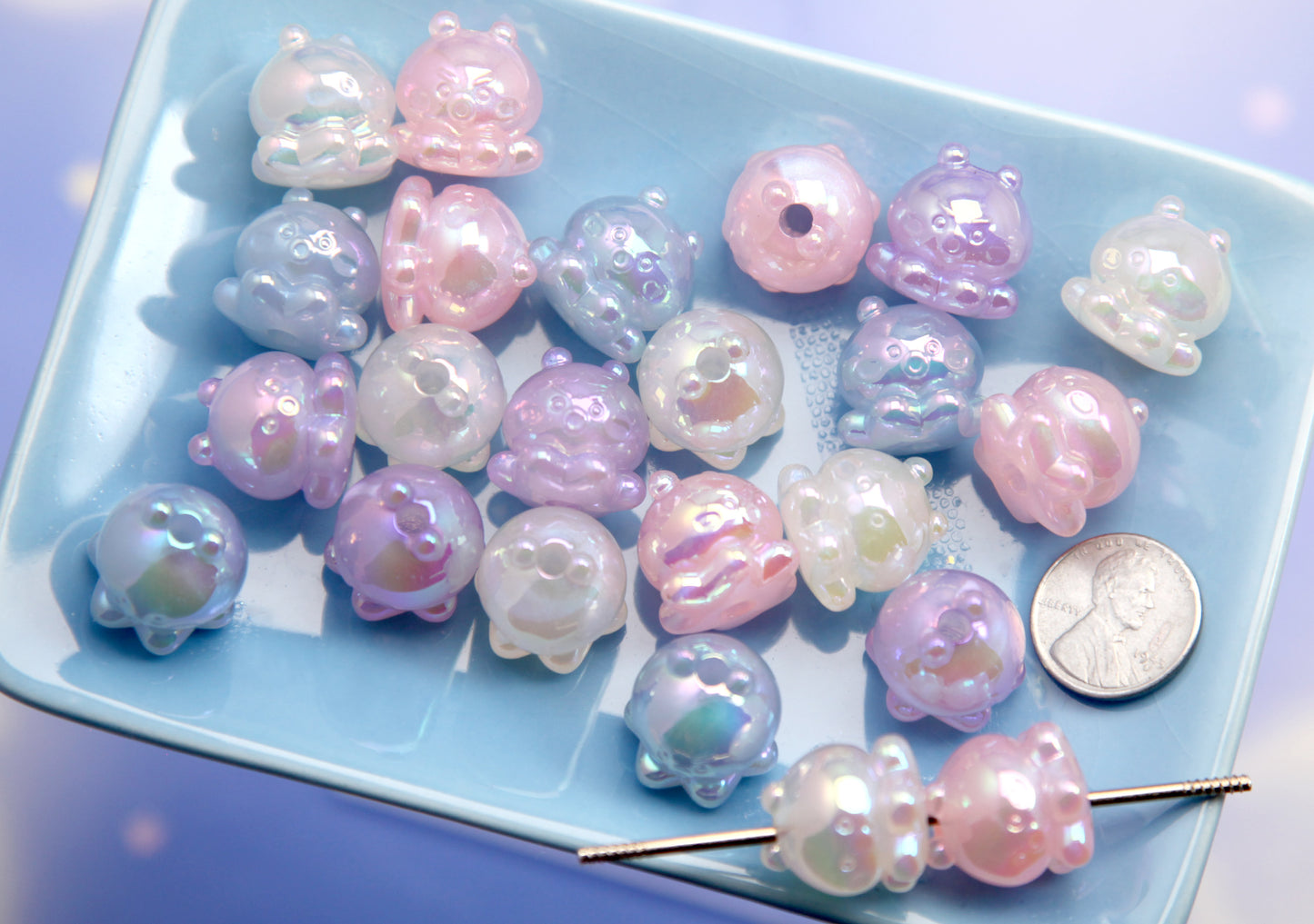 Cute Pastel Beads - 17mm Blue Purple Pink and White Shimmer Octopus Beads - Ocean Life or Jellyfish Acrylic or Plastic Beads (8 pieces)