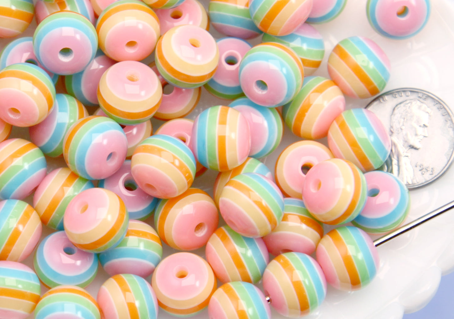 Colorful Resin Beads - 12mm Pastel Stripe Resin Beads - Super High Quality - 40 pcs set